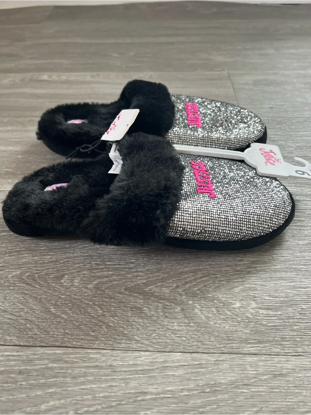 Justice Silver Glitter Slide Slippers with Black Faux Fur and Pink Logo